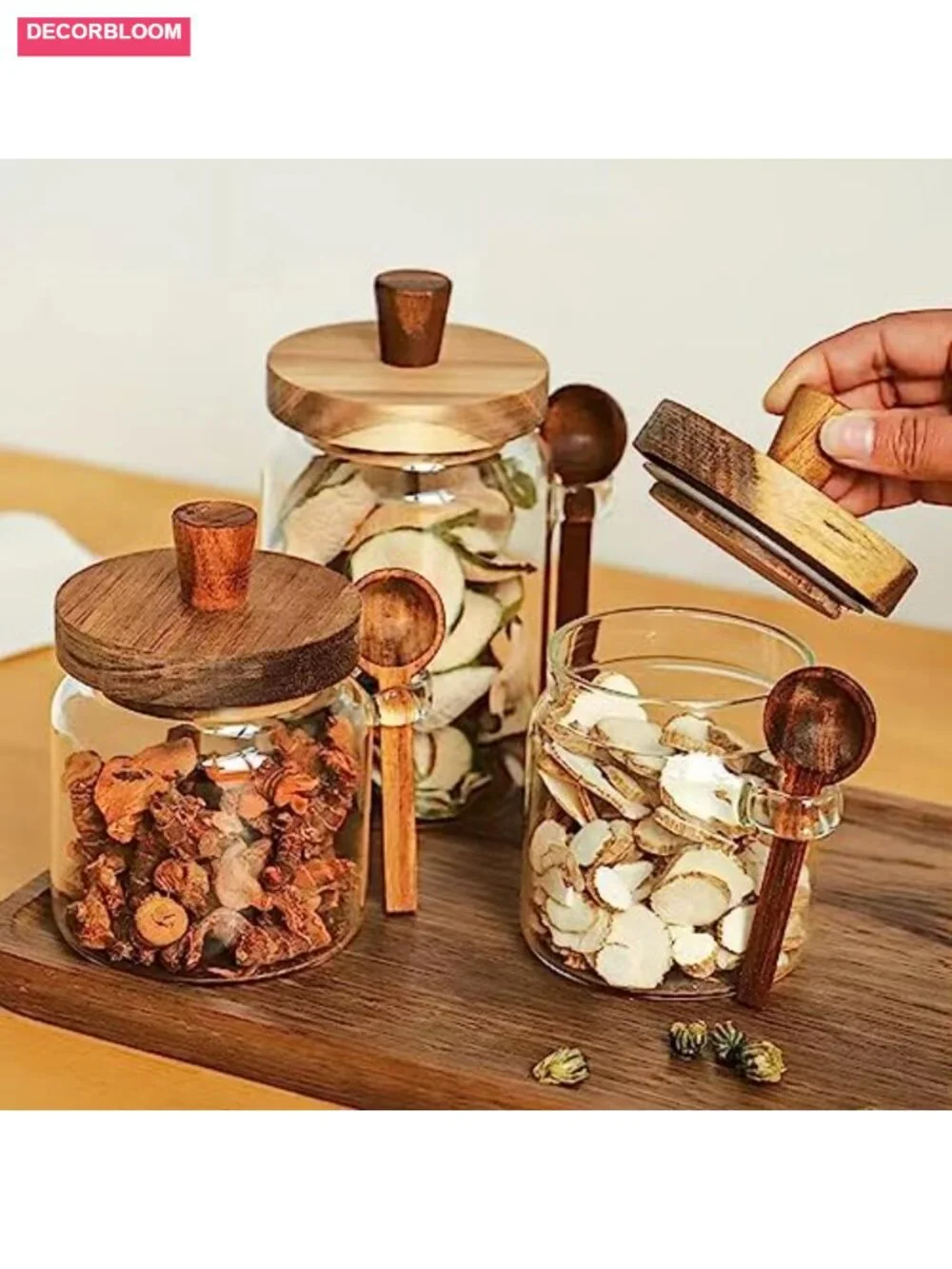 Glass Jars with Wooden Lids and Spoons, Set of 3, 17/22/27 OZ